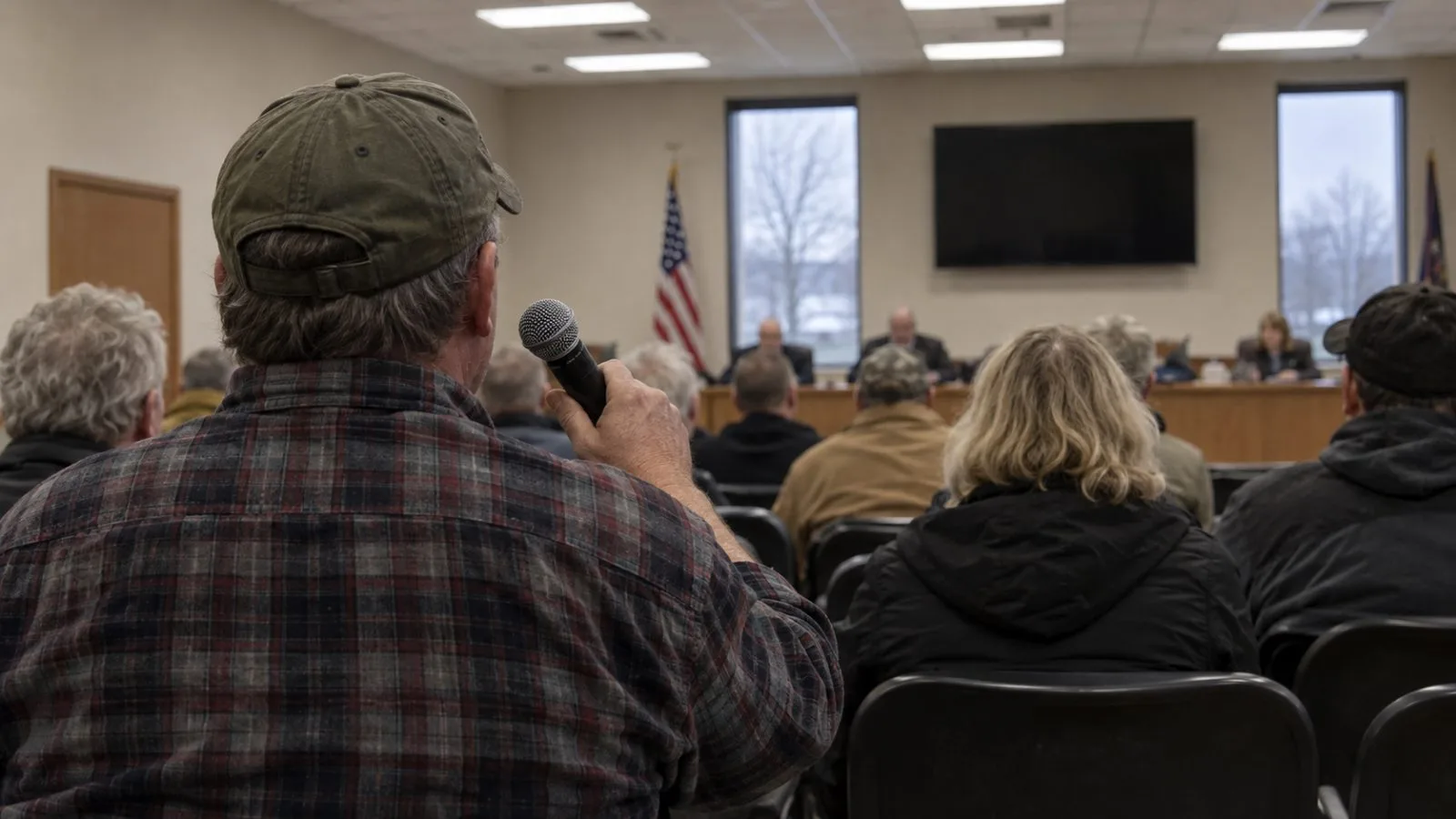 An audience member speaks into a microphone at a town hall in Caro, Michigan. (AI-generated image / EconoTimes)