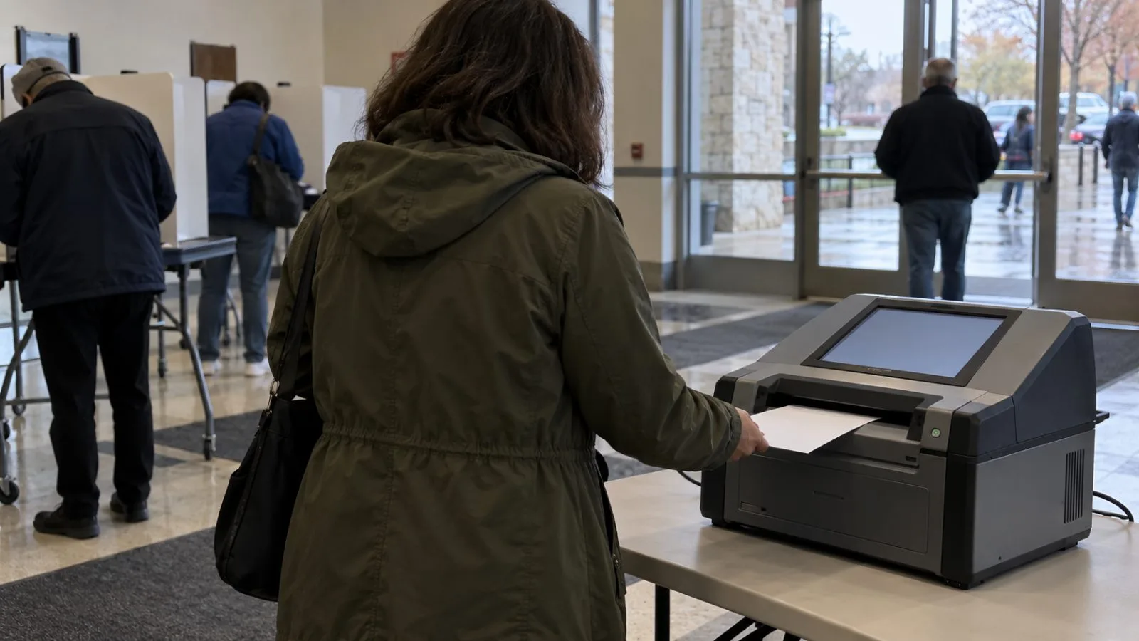 A voter feeds a ballot into a scanner in Arlington, Virginia. (AI-generated image / EconoTimes)