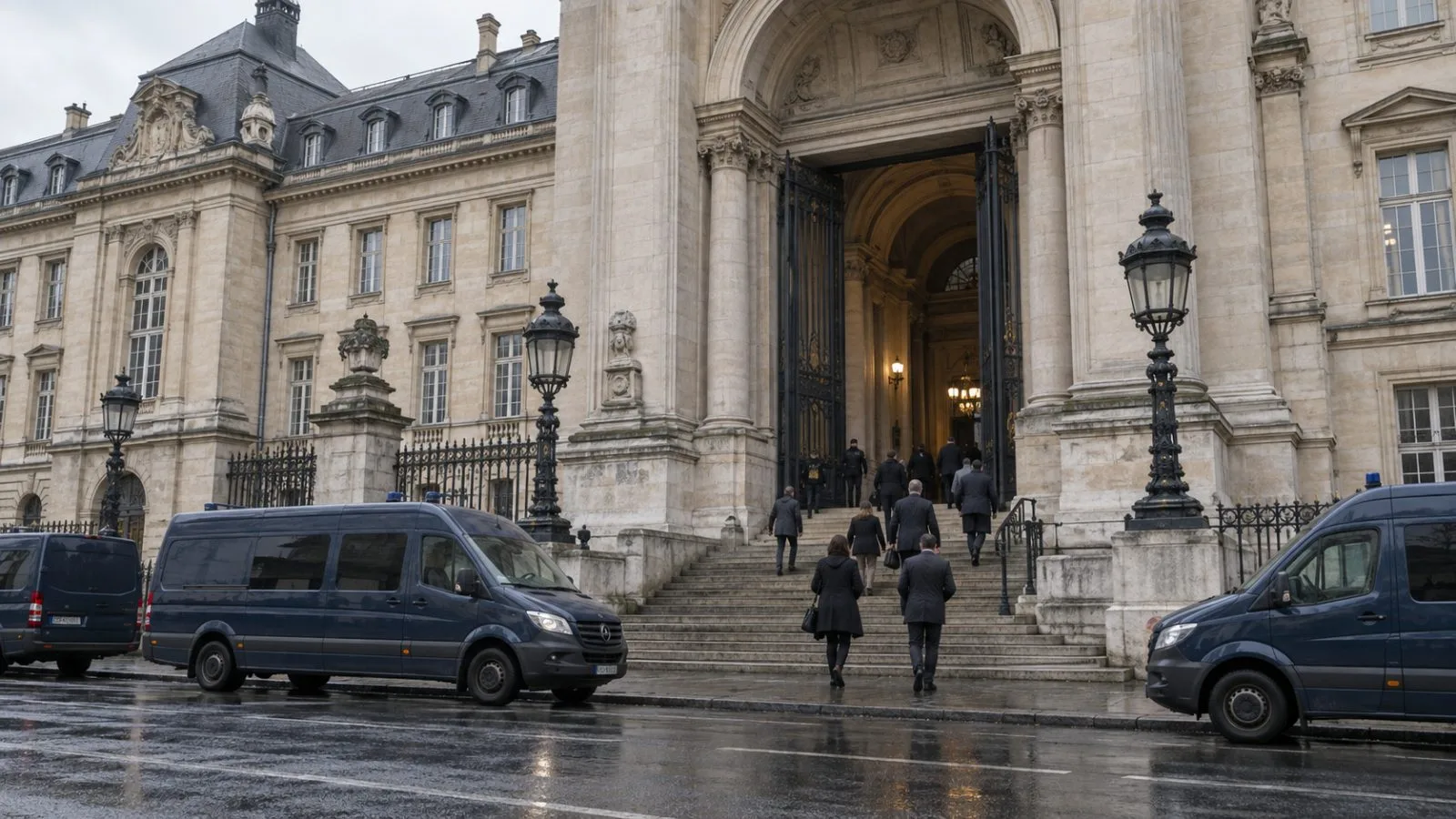 Police vans stand outside a Paris courthouse as people enter on Monday morning. (AI-generated image / EconoTimes)