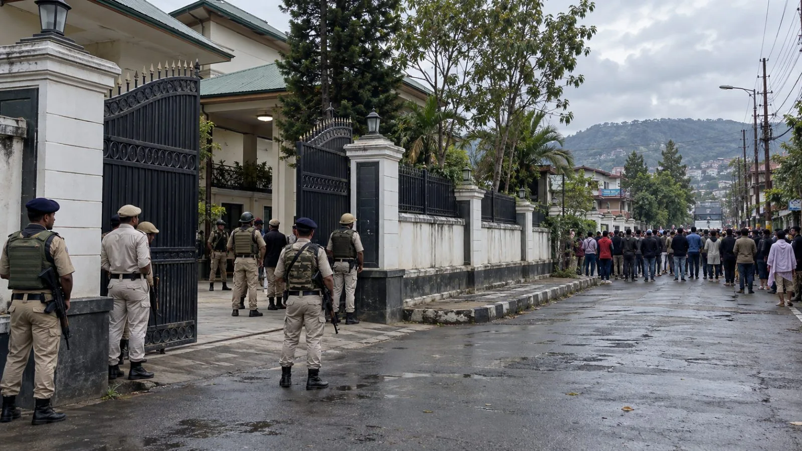 Police guard the chief minister’s bungalow gate as residents gather in Imphal, Manipur. (AI-generated image / EconoTimes)