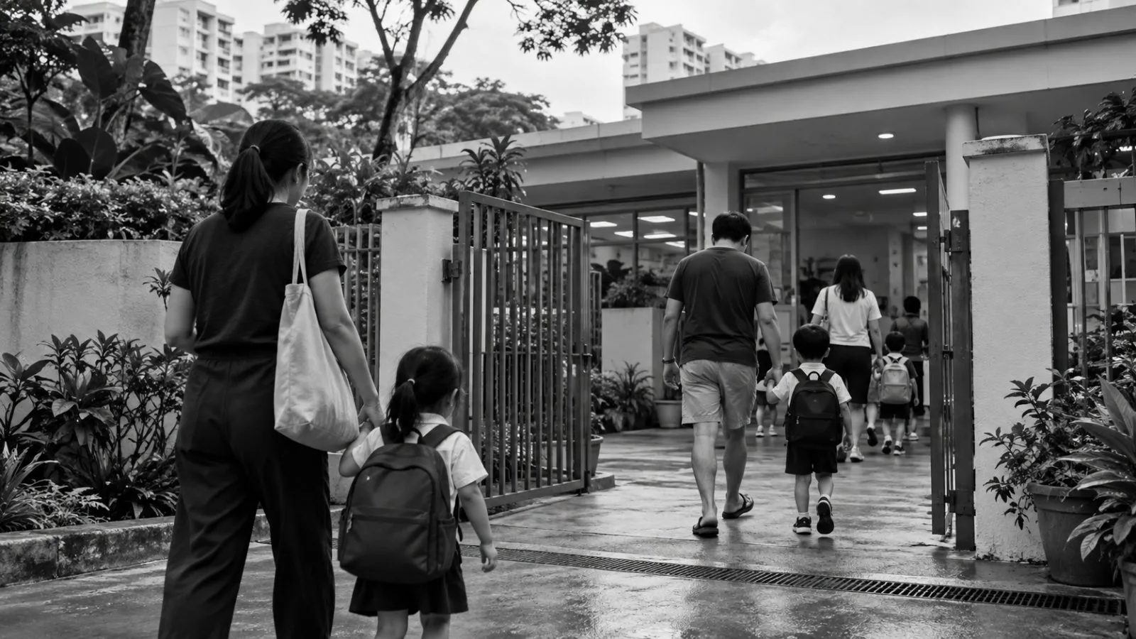 Parents guide children through the entrance of a neighborhood preschool in Singapore during morning drop-off. (AI-generated image / EconoTimes)
