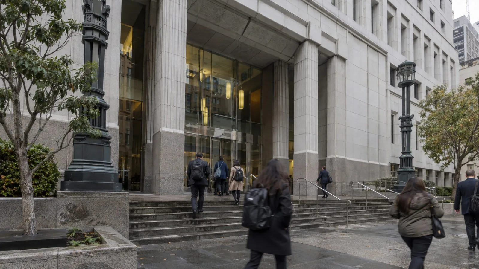The Phillip Burton Federal Building stands over a San Francisco street under gray morning light. (AI-generated image / EconoTimes)
