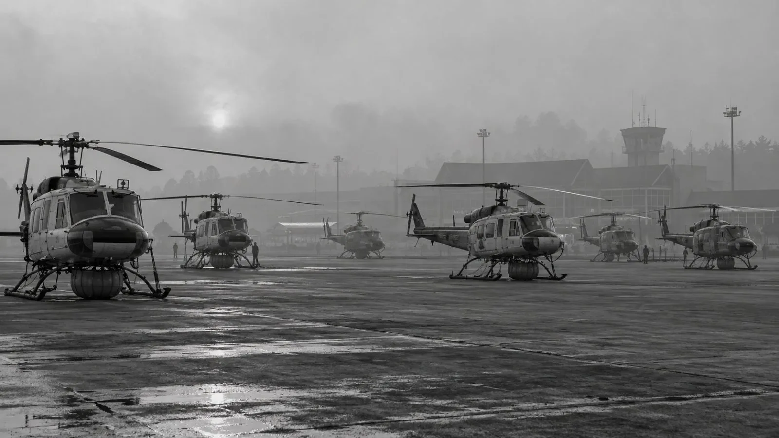 Firefighting helicopters sit grounded in smoke haze at Tjilik Riwut Airport in Palangka Raya, Indonesia. (AI-generated image / EconoTimes)