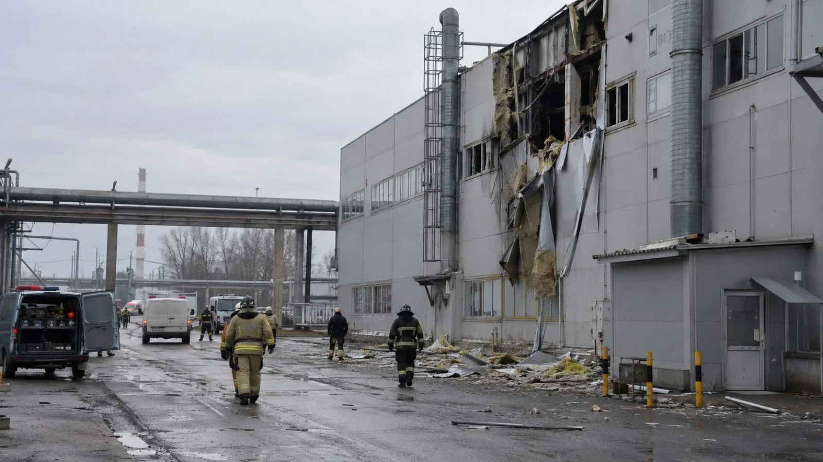 Emergency crews inspect an industrial site in Yelets, Russia, after a reported strike. (AI-generated image / EconoTimes)