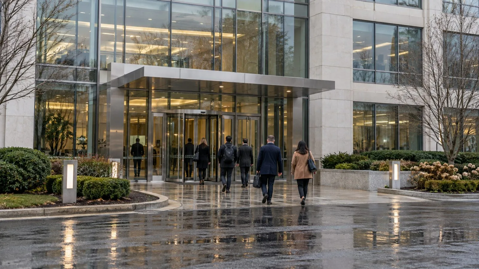 Employees enter Broadridge Financial Solutions' headquarters in Lake Success, New York, on a rainy morning. (AI-generated image / EconoTimes)