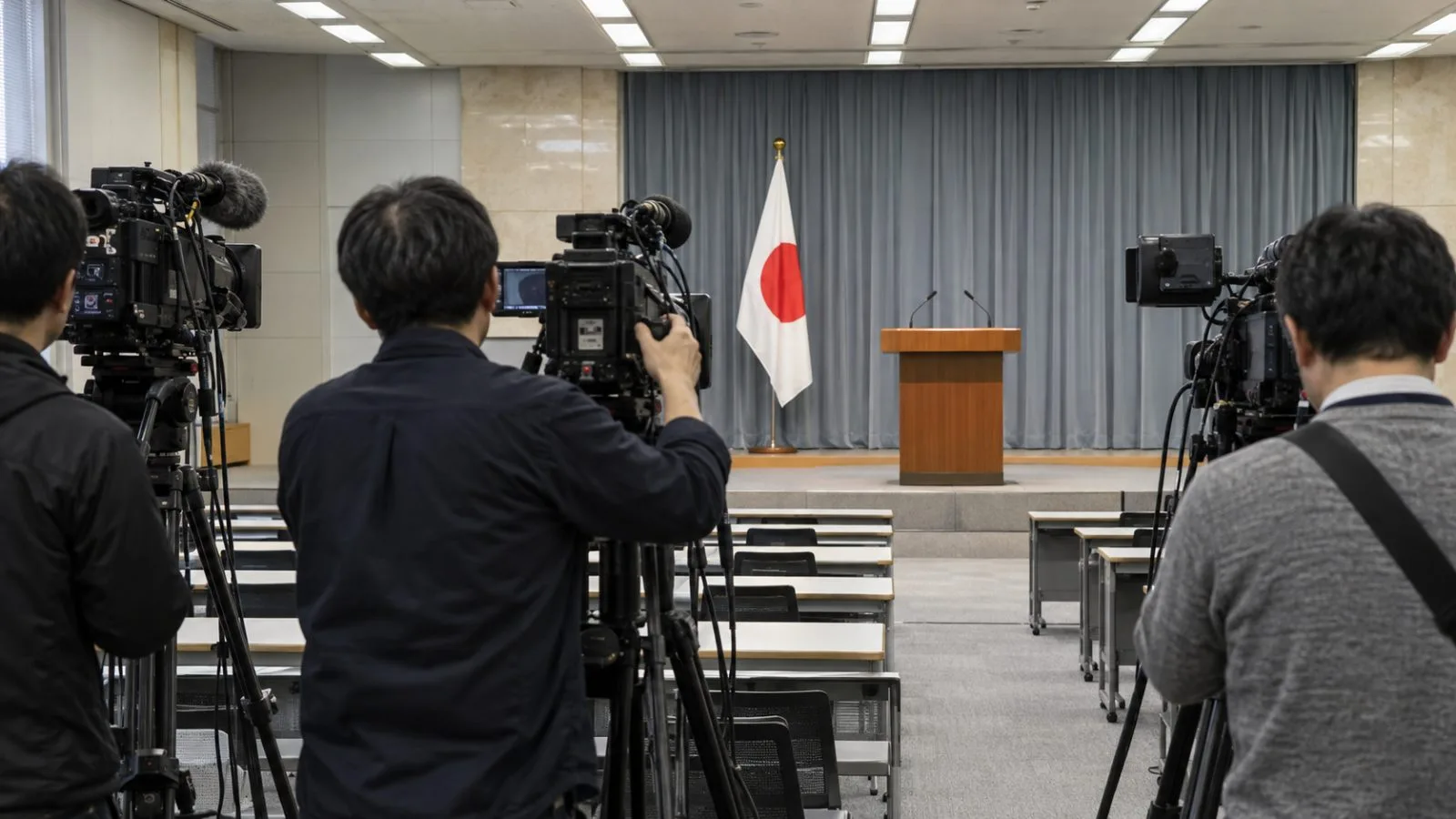 Camera operators face a lectern during a government news conference in Tokyo. (AI-generated image / EconoTimes)
