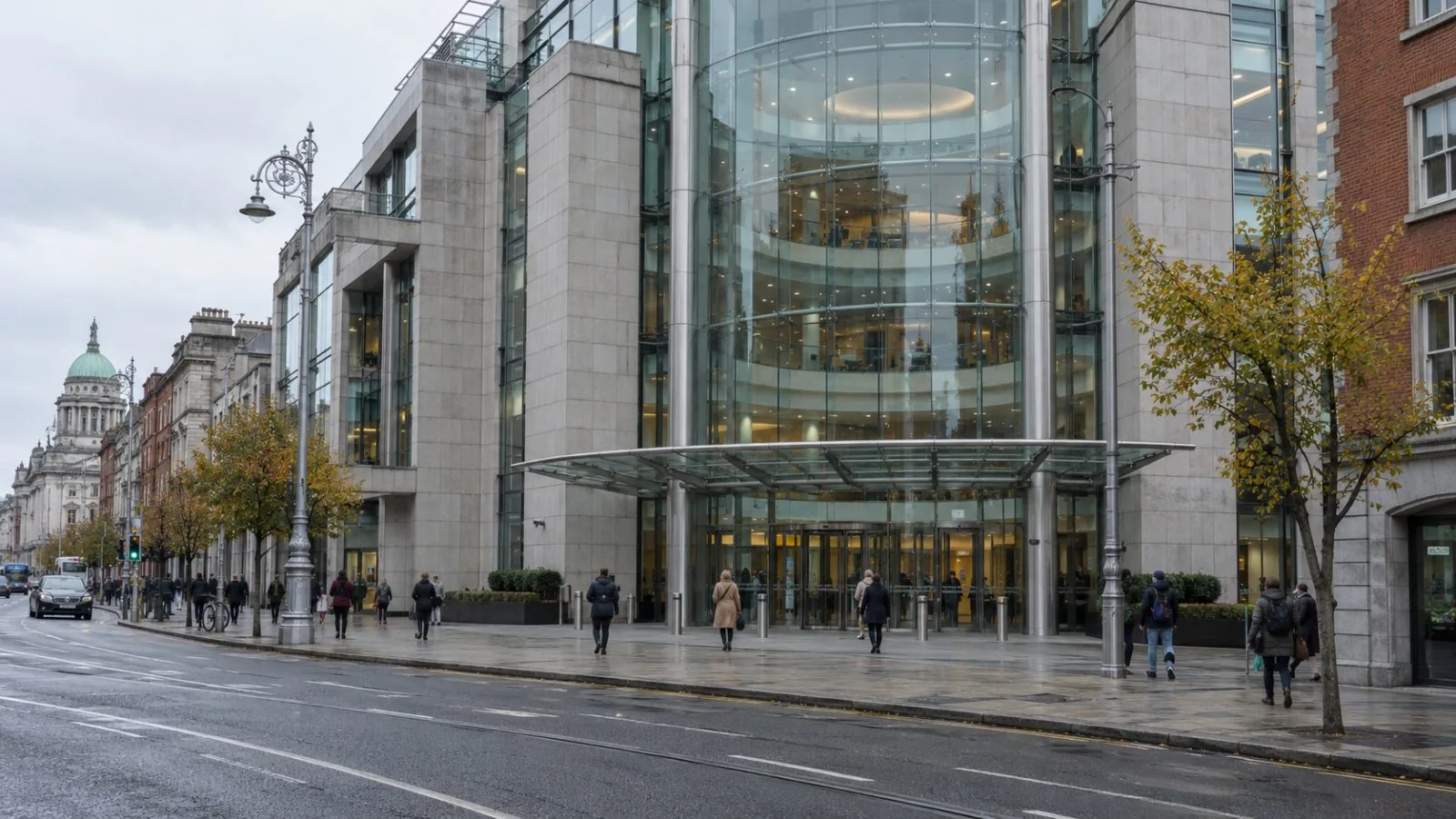 The Irish Life Centre stands on Abbey Street Lower in Dublin on an overcast morning. (AI-generated image / EconoTimes)