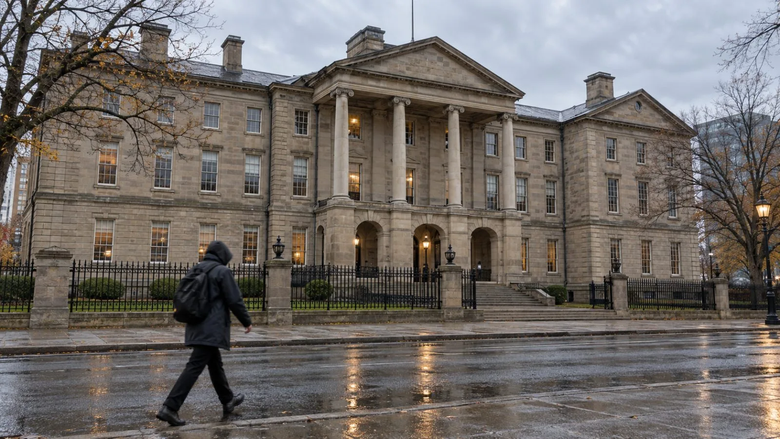 Province House, home of Nova Scotia's legislature, stands on a wet afternoon in Halifax. (AI-generated image / EconoTimes)