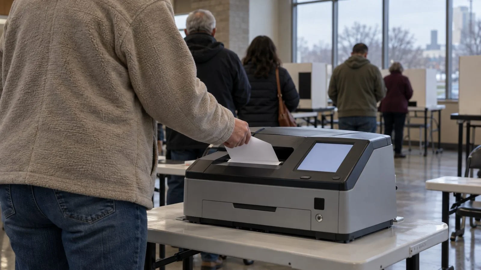 A voter inserts a paper ballot into a scanner at an early-voting site in Wichita, Kansas. (AI-generated image / EconoTimes)