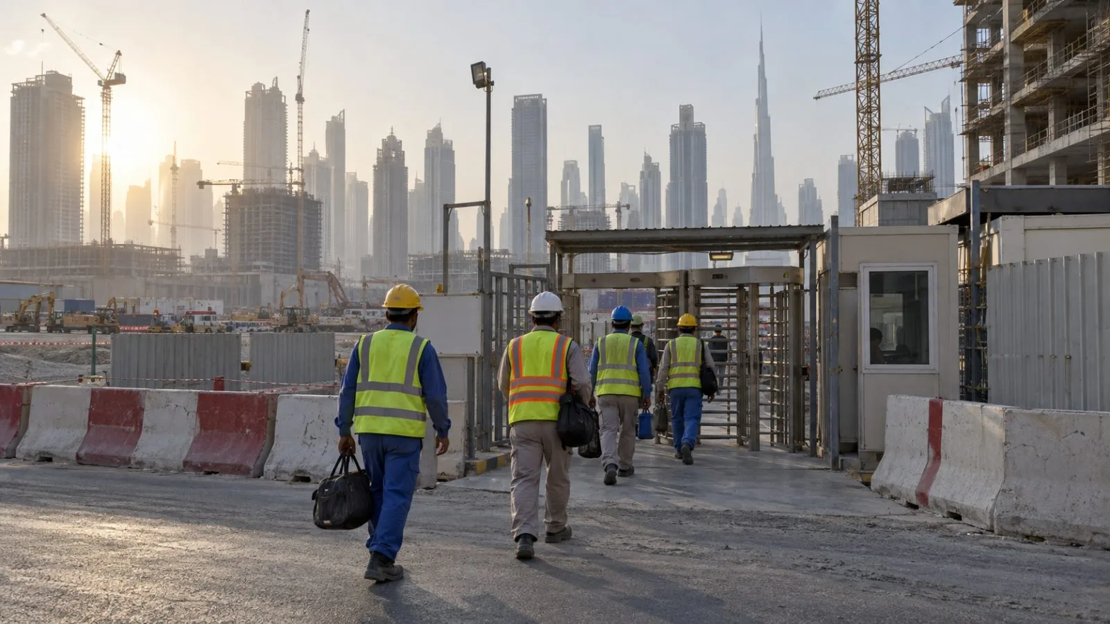 Construction workers arrive at a site in Dubai, United Arab Emirates, for the morning shift. (AI-generated image / EconoTimes)