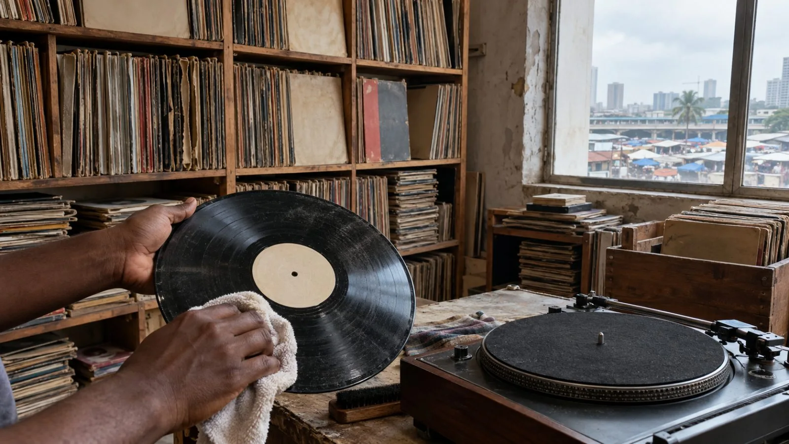 Hands sort African vinyl records at the Baoulécore Archive Center in Abidjan, Côte d'Ivoire. (AI-generated image / EconoTimes)