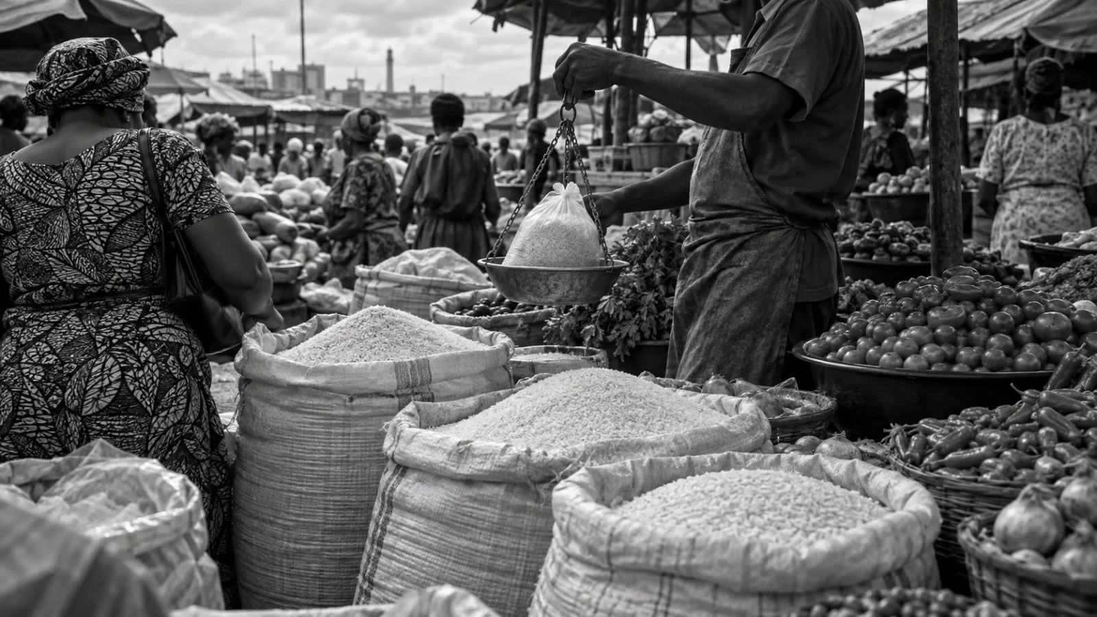 Shoppers examine rice and produce at an open-air market in Lagos, Nigeria. (AI-generated image / EconoTimes)