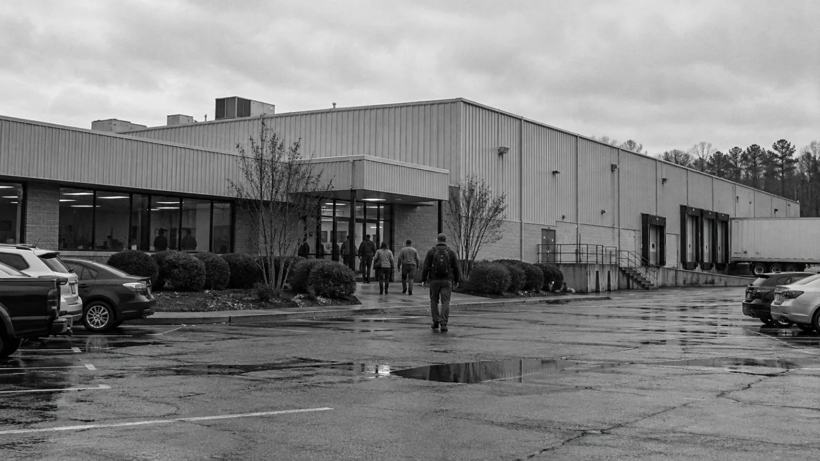 Workers enter a manufacturing facility in Corinth, Mississippi, on an overcast morning. (AI-generated image / EconoTimes)