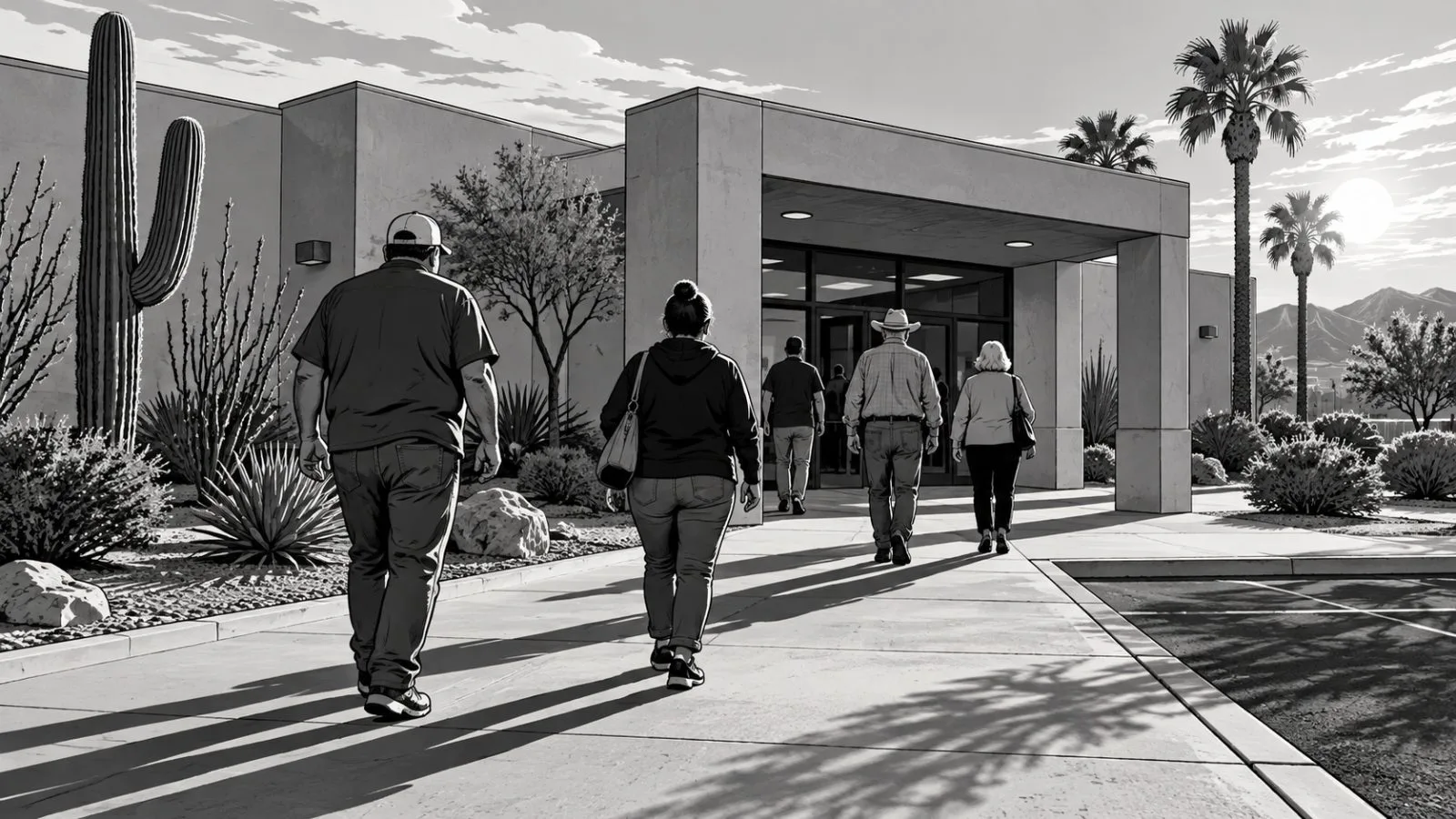Voters approach a polling place in Yuma, Arizona, in clear afternoon sunlight. (AI-generated image / EconoTimes)