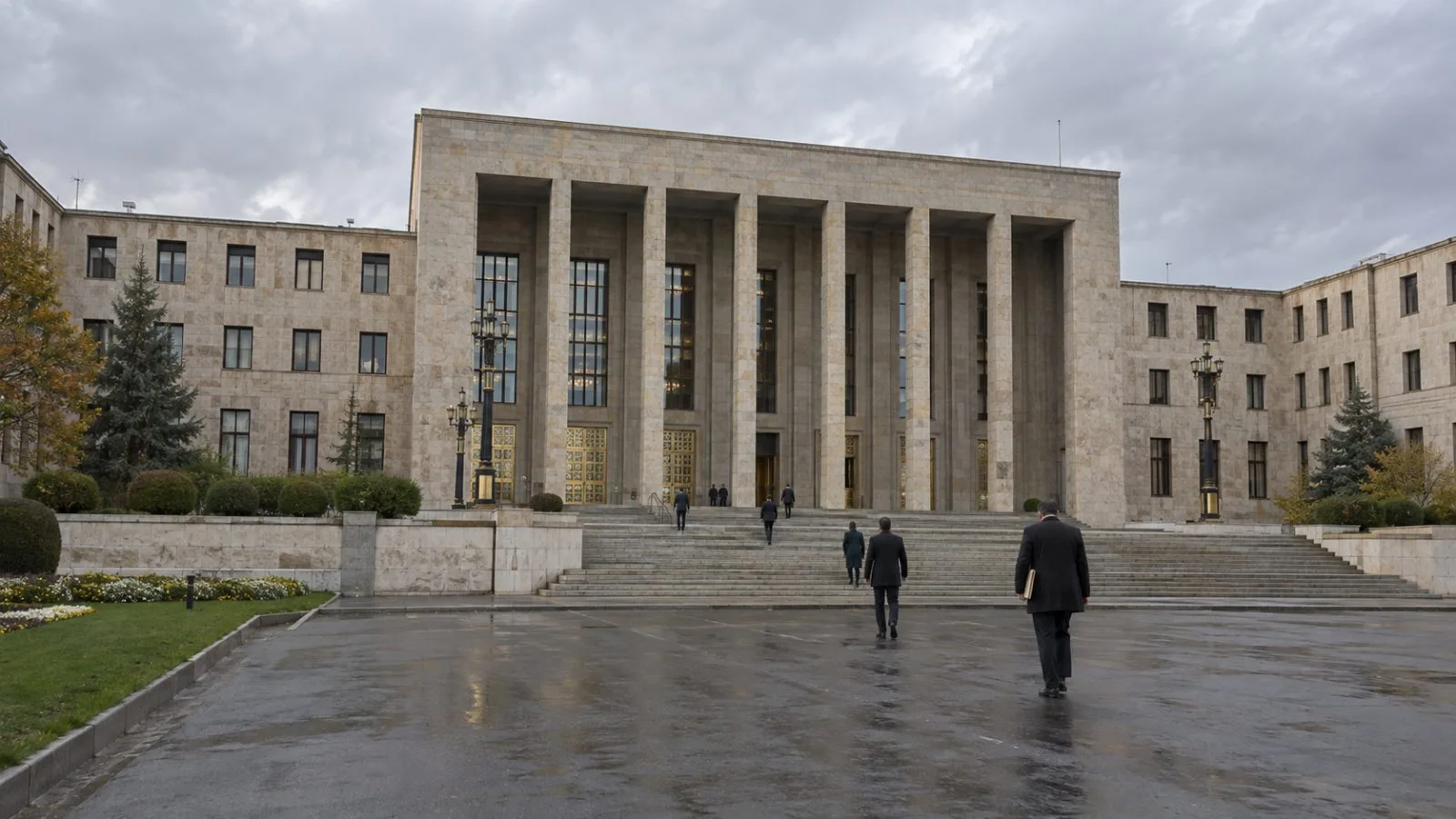 The Grand National Assembly building stands in Ankara, Turkey, beneath an overcast afternoon sky. (AI-generated image / EconoTimes)
