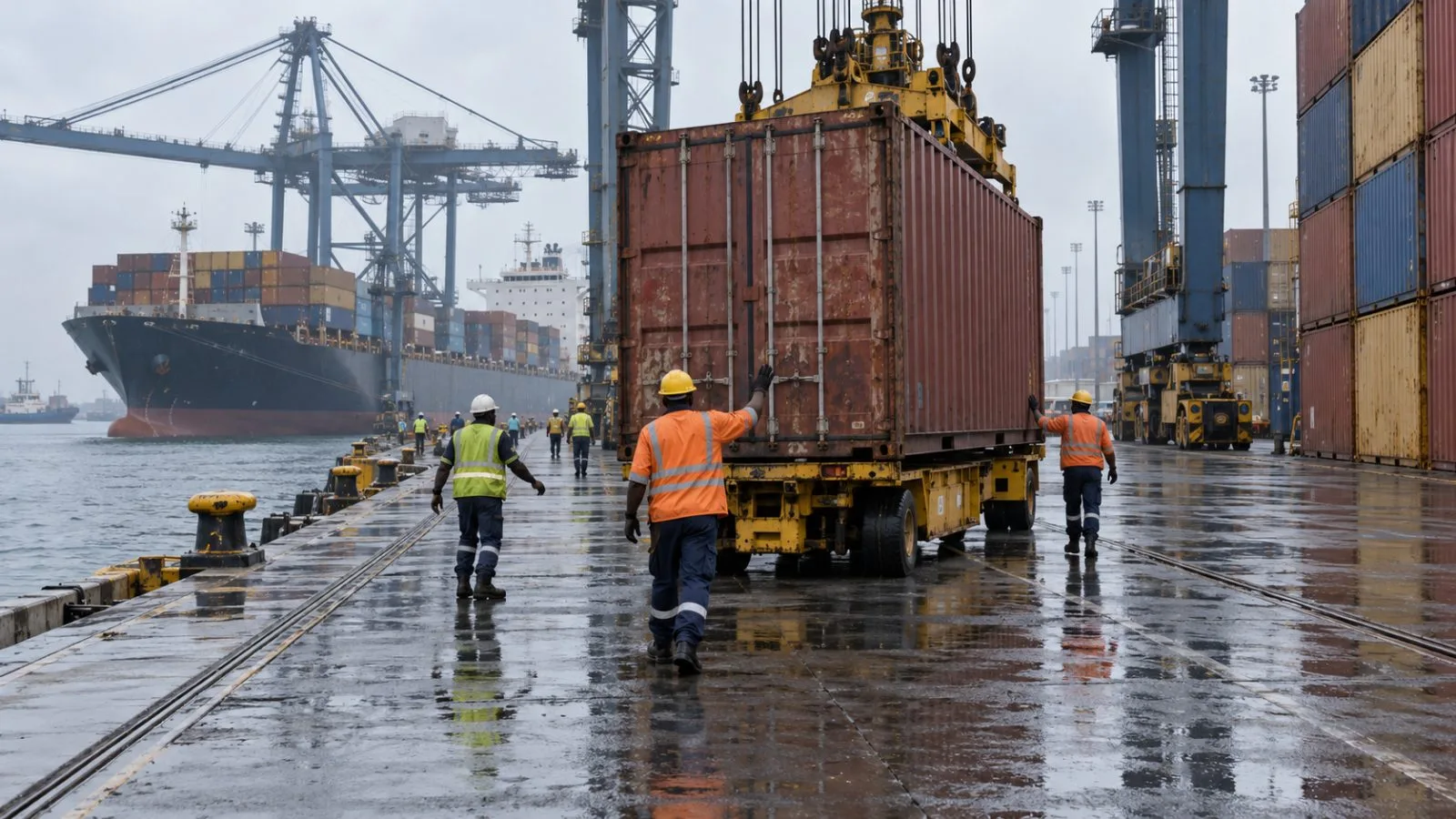A container is moved along the quay at Tema Port in Ghana (AI-generated image / EconoTimes)