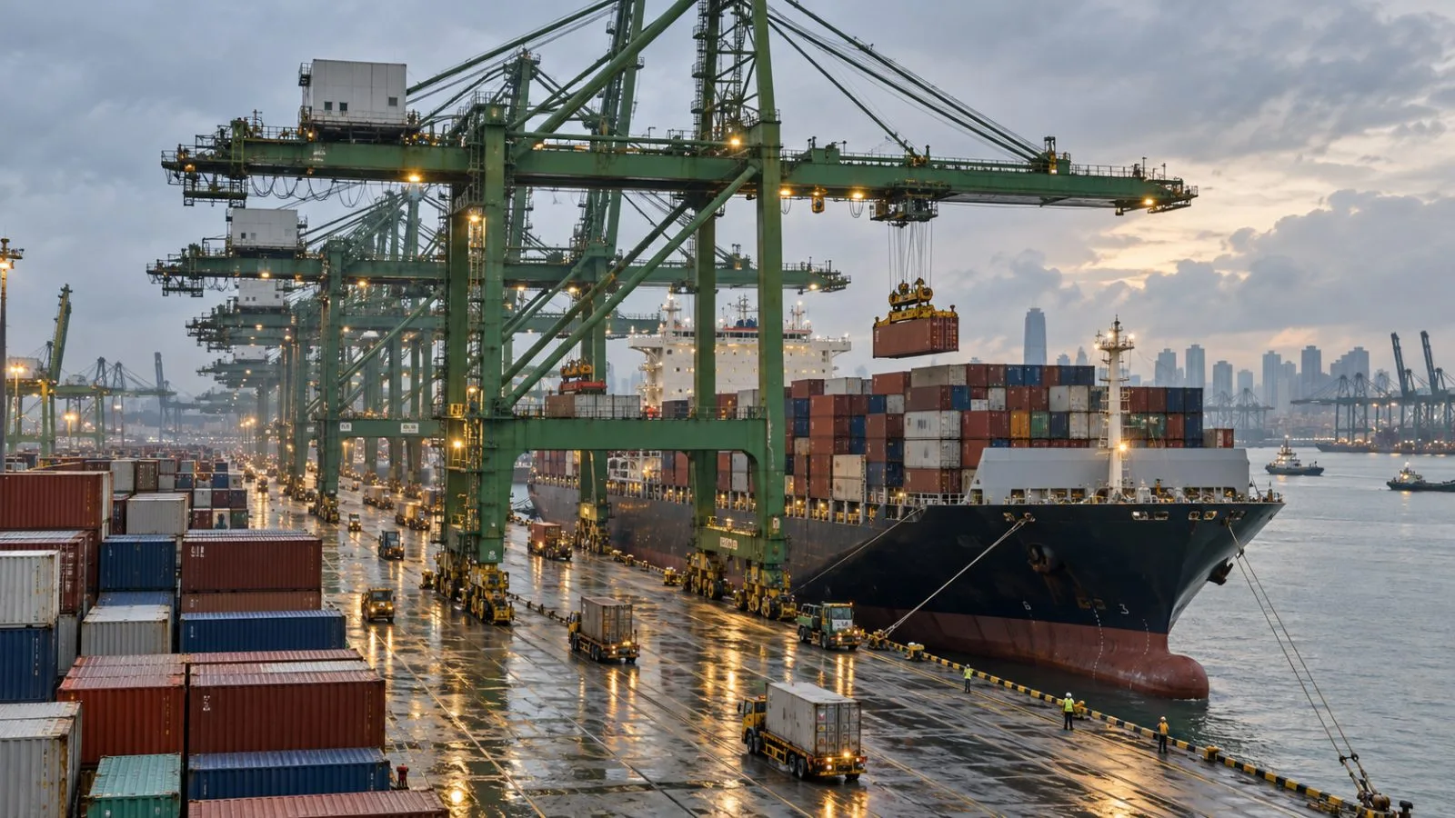 Cargo containers are lifted beside a container ship at Singapore's Pasir Panjang Terminal. (AI-generated image / EconoTimes)