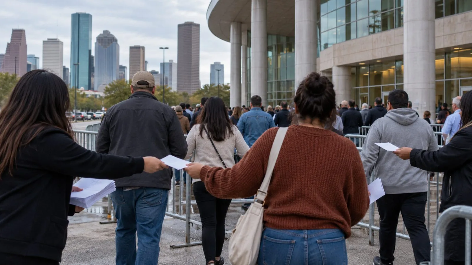 Attendees pass barricades outside a political rally venue in Houston, Texas (AI-generated image / EconoTimes)