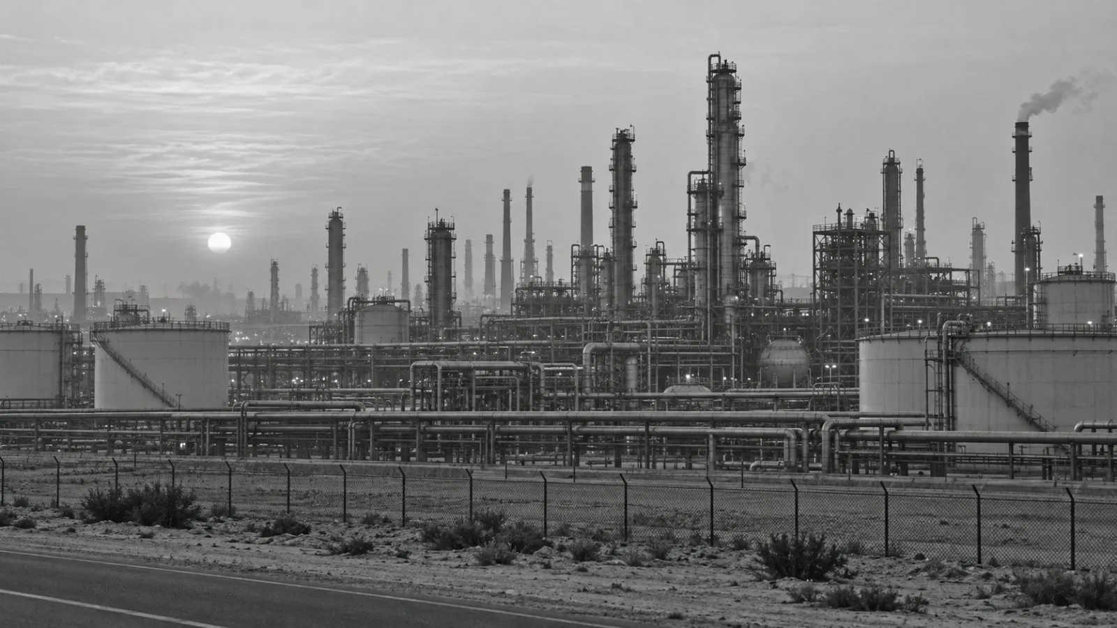 Refinery towers and storage tanks rise above pipework in Jubail, Saudi Arabia / EconoTimes.ai