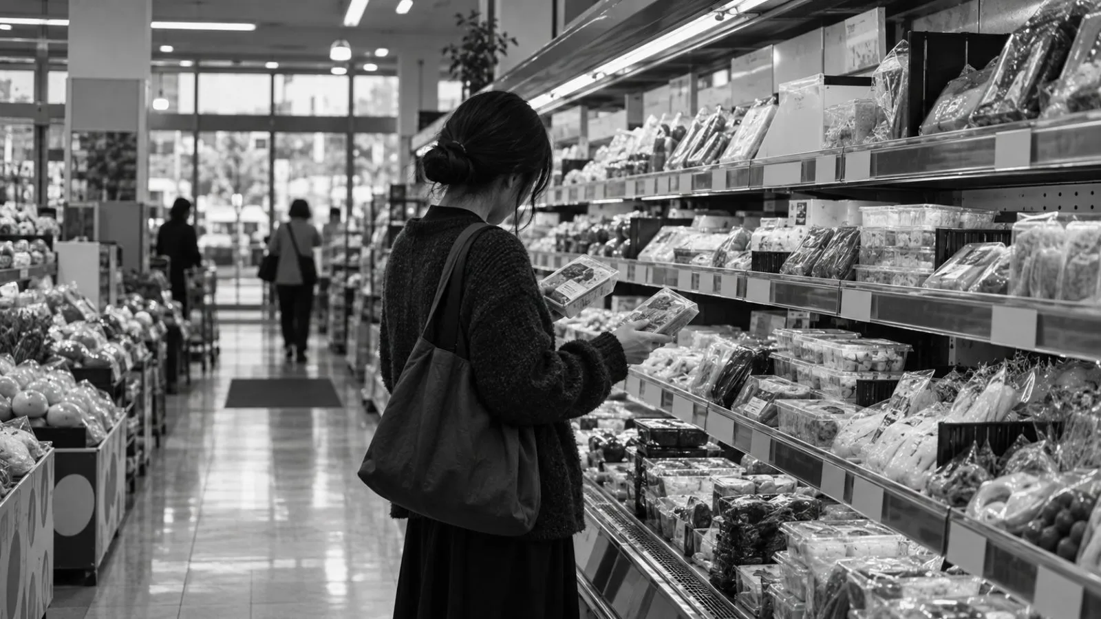 A shopper compares shelf prices in a supermarket in Tokyo, Japan. (AI-generated image / EconoTimes)