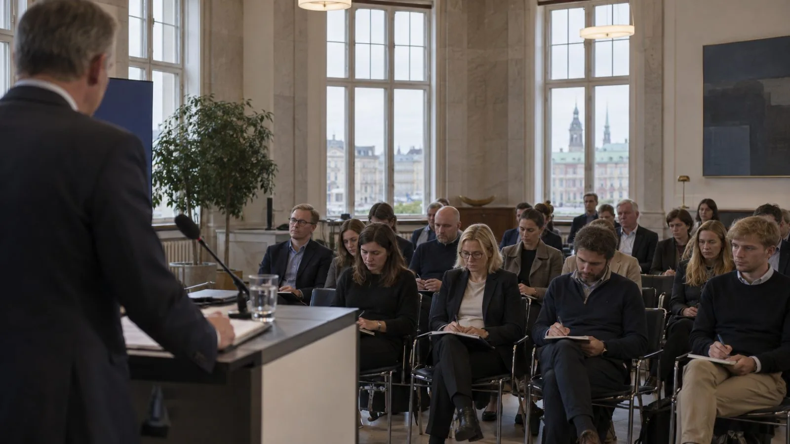 Journalists face a lectern during a defense press briefing in Copenhagen, Denmark (AI-generated image / EconoTimes)