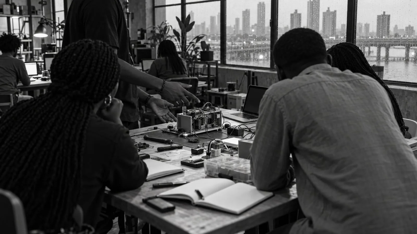 Startup founders discuss a prototype inside a shared innovation hub in Lagos, Nigeria (AI-generated image / EconoTimes)