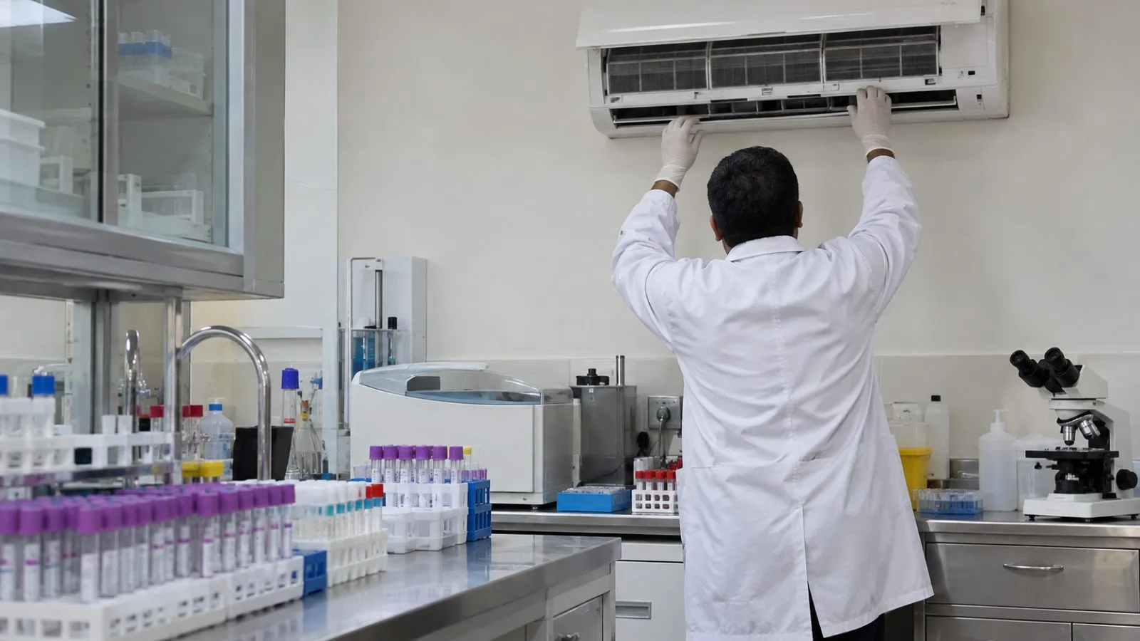 An inspector checks an air conditioner beside sample tubes in a Kuwait City laboratory. (AI-generated image / EconoTimes)