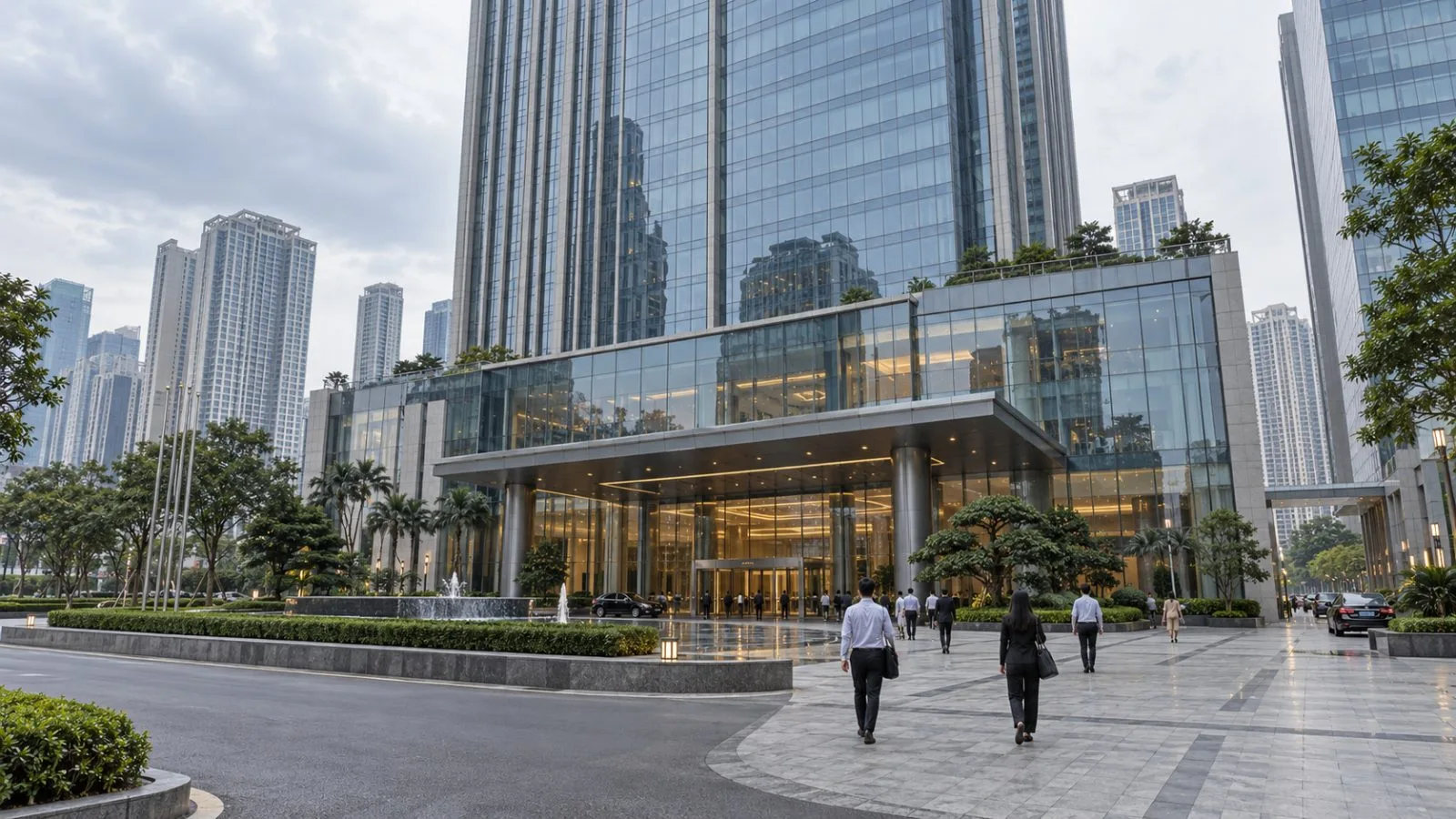 Employees cross the forecourt outside a glass office tower in Hanoi, Vietnam. (AI-generated image / EconoTimes)