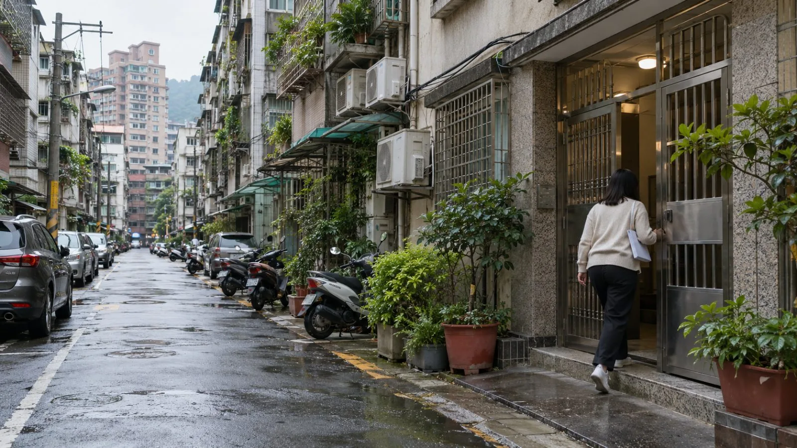 A resident enters an apartment building on a dense residential street in Taipei, Taiwan. (AI-generated image / EconoTimes)
