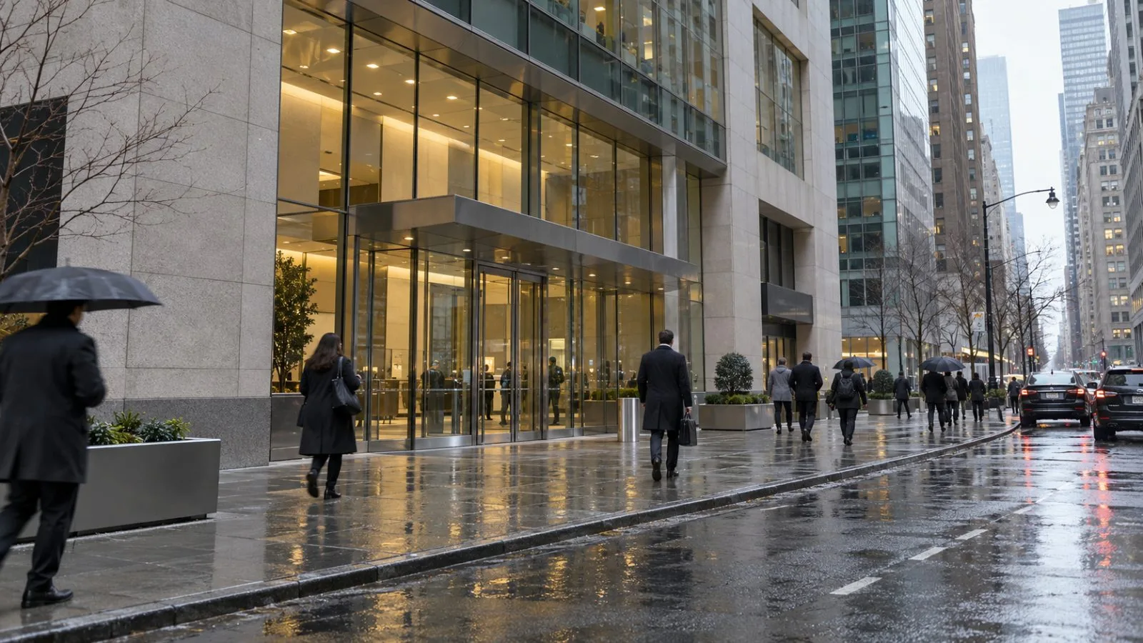 Pedestrians pass an office building in Midtown Manhattan, New York, on a gray morning. (AI-generated image / EconoTimes)