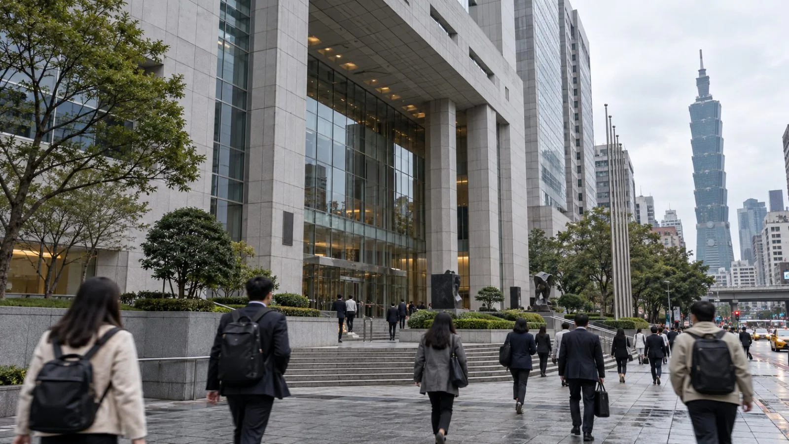 Commuters pass the Taiwan Stock Exchange in Taipei on an overcast afternoon. (AI-generated image / EconoTimes)