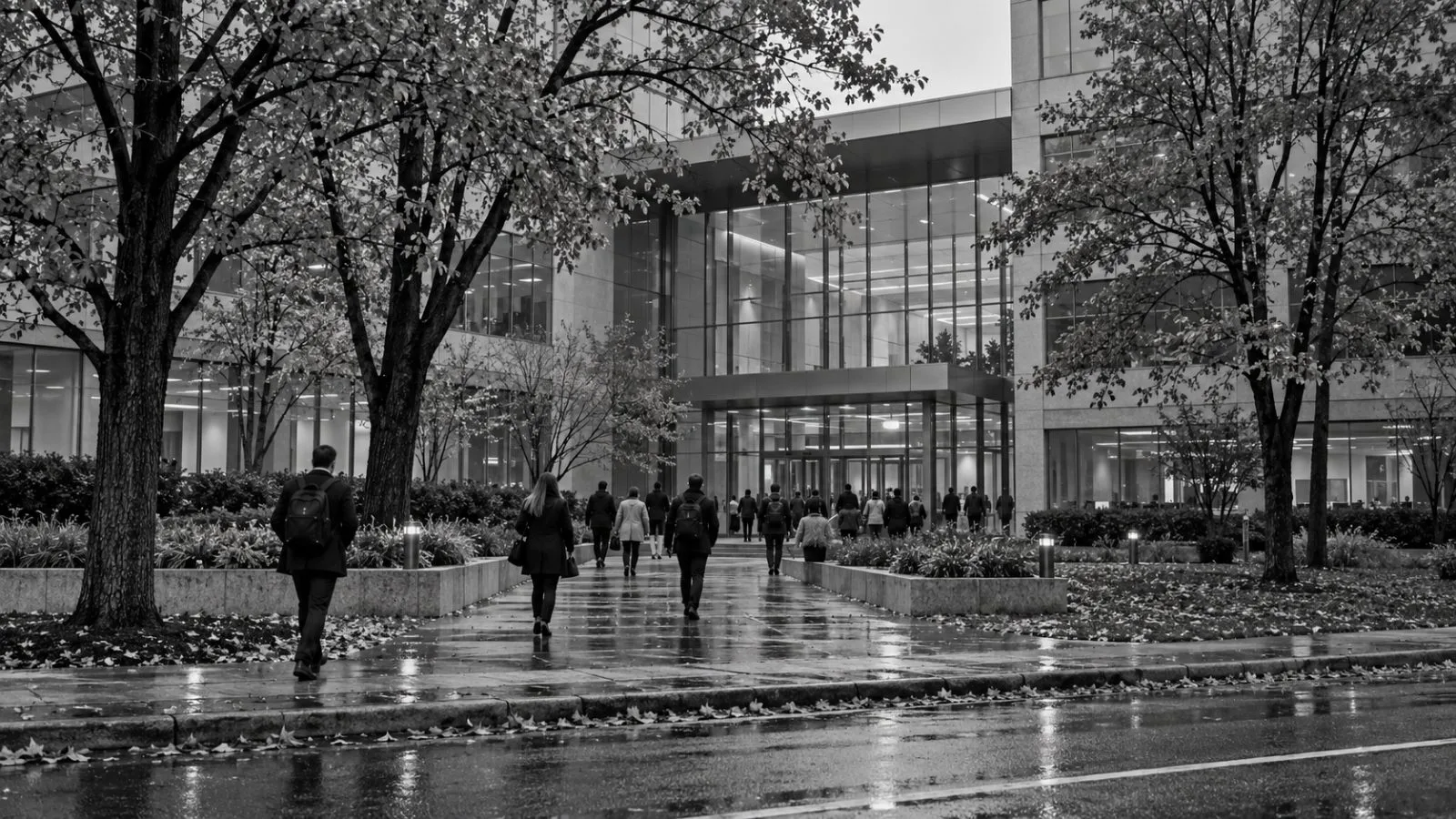 Employees enter an office campus in Reston, Virginia, beneath a gray October sky. (AI-generated image / EconoTimes)