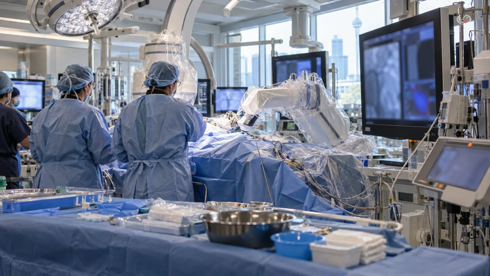 Robotic and catheter equipment stands beside a draped patient at St. Michael’s Hospital in Toronto. (AI-generated image / EconoTimes)