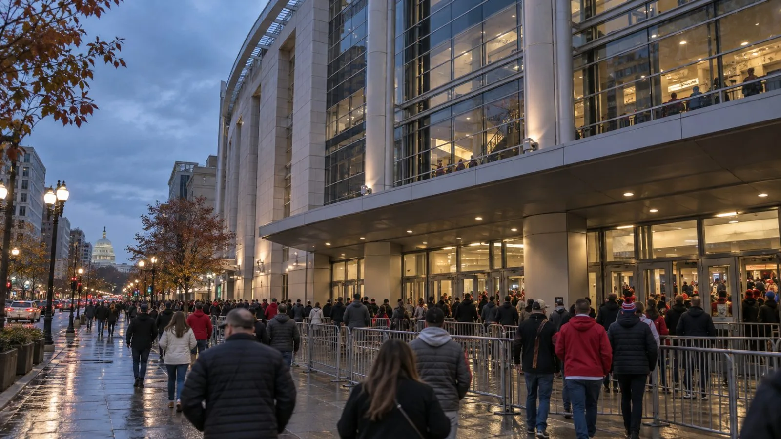 Fans pass through the entrance security rails at Capital One Arena in Washington, D.C. (AI-generated image / EconoTimes)