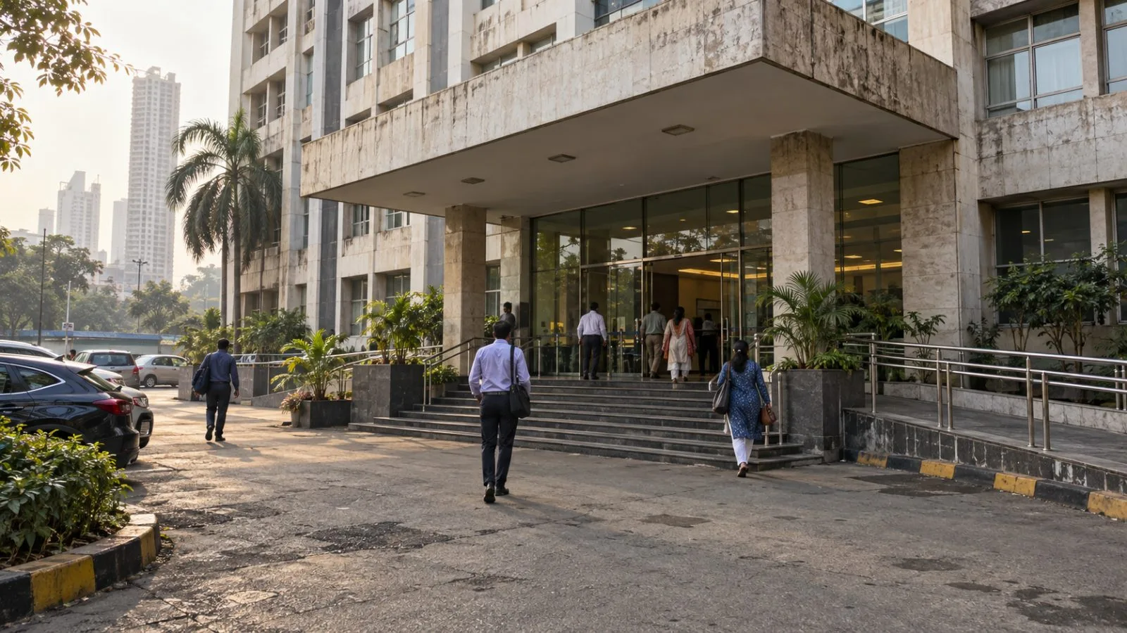 Visitors enter the Maharashtra Charity Commissioner’s office in Worli, Mumbai. (AI-generated image / EconoTimes)