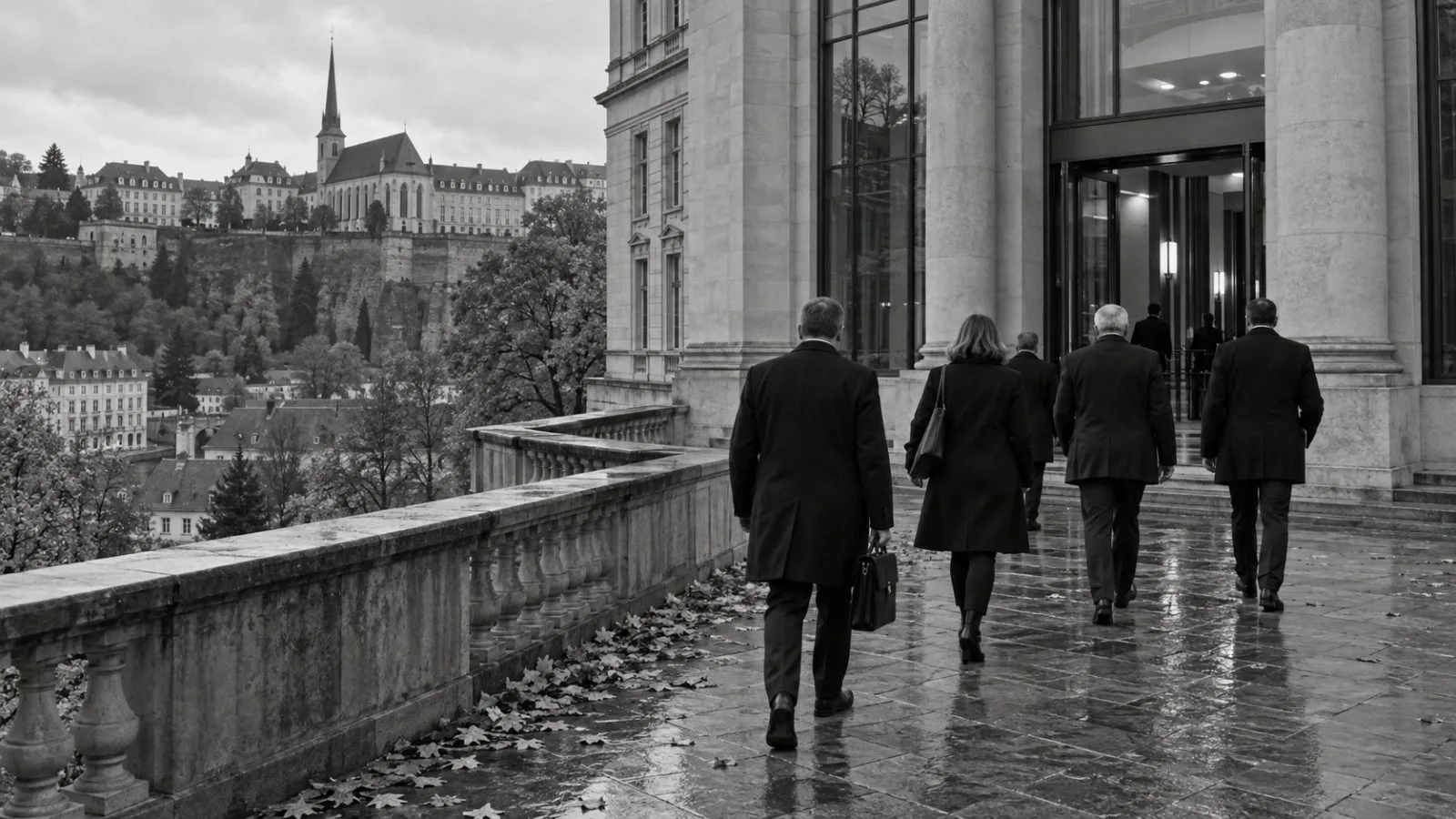 Officials arrive at a government conference venue in Luxembourg City, Luxembourg. (AI-generated image / EconoTimes)