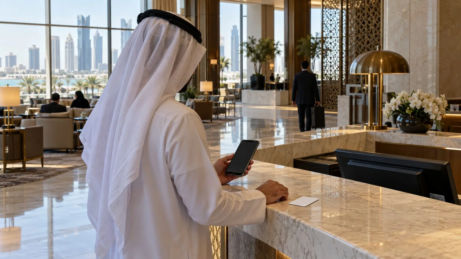 A hotel guest checks a phone beside the reception desk in Doha, Qatar (AI-generated image / EconoTimes)