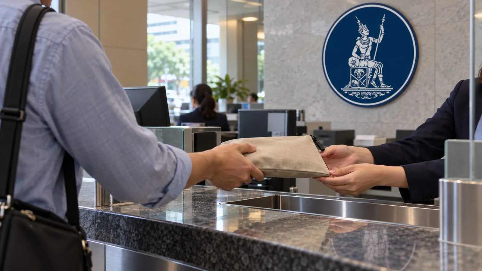 A customer hands a closed deposit pouch to a teller at a Bangkok bank branch. / EconoTimes.ai