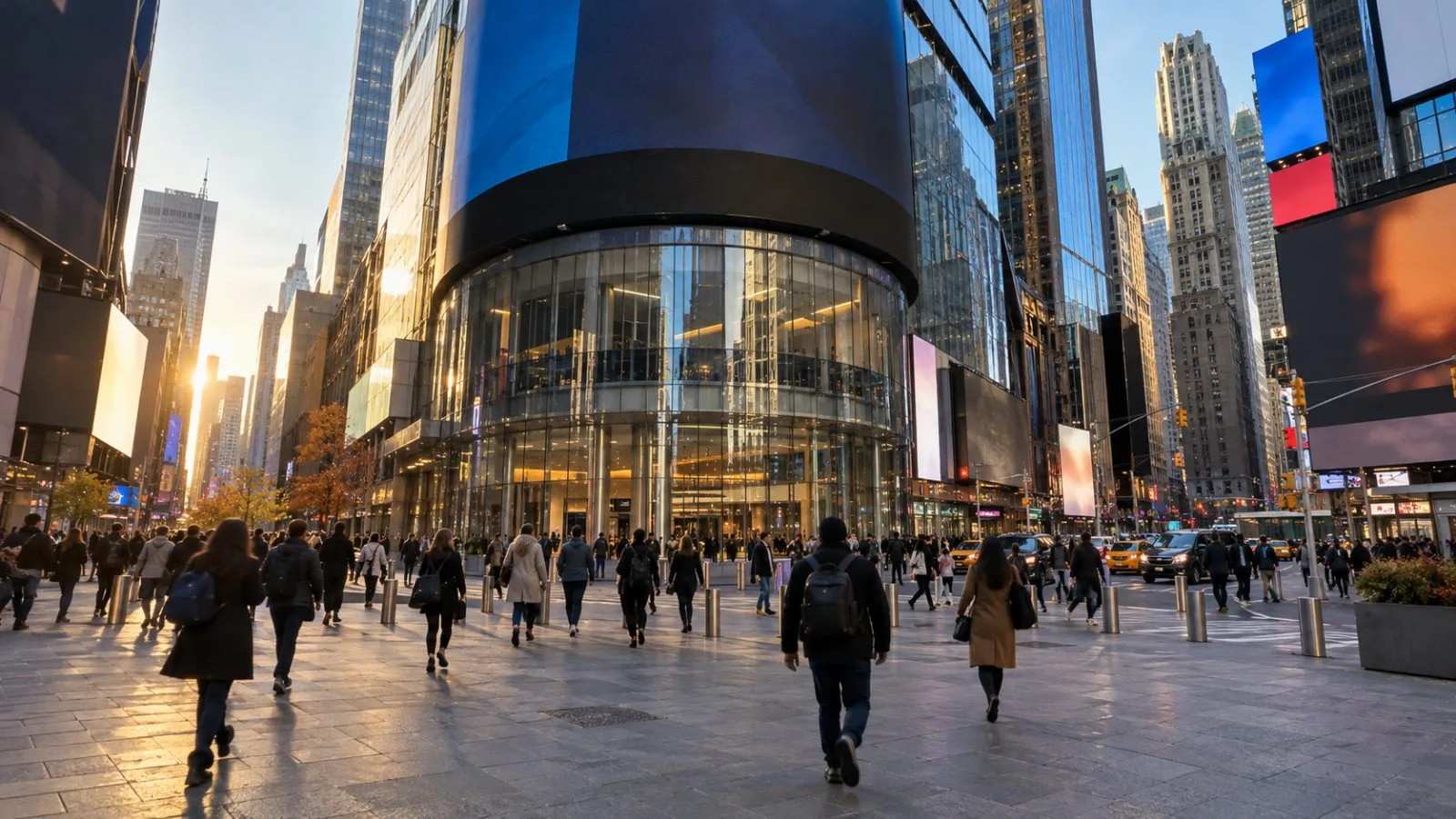 Pedestrians cross beneath the curved glass facade at Times Square in New York City. (AI-generated image / EconoTimes)