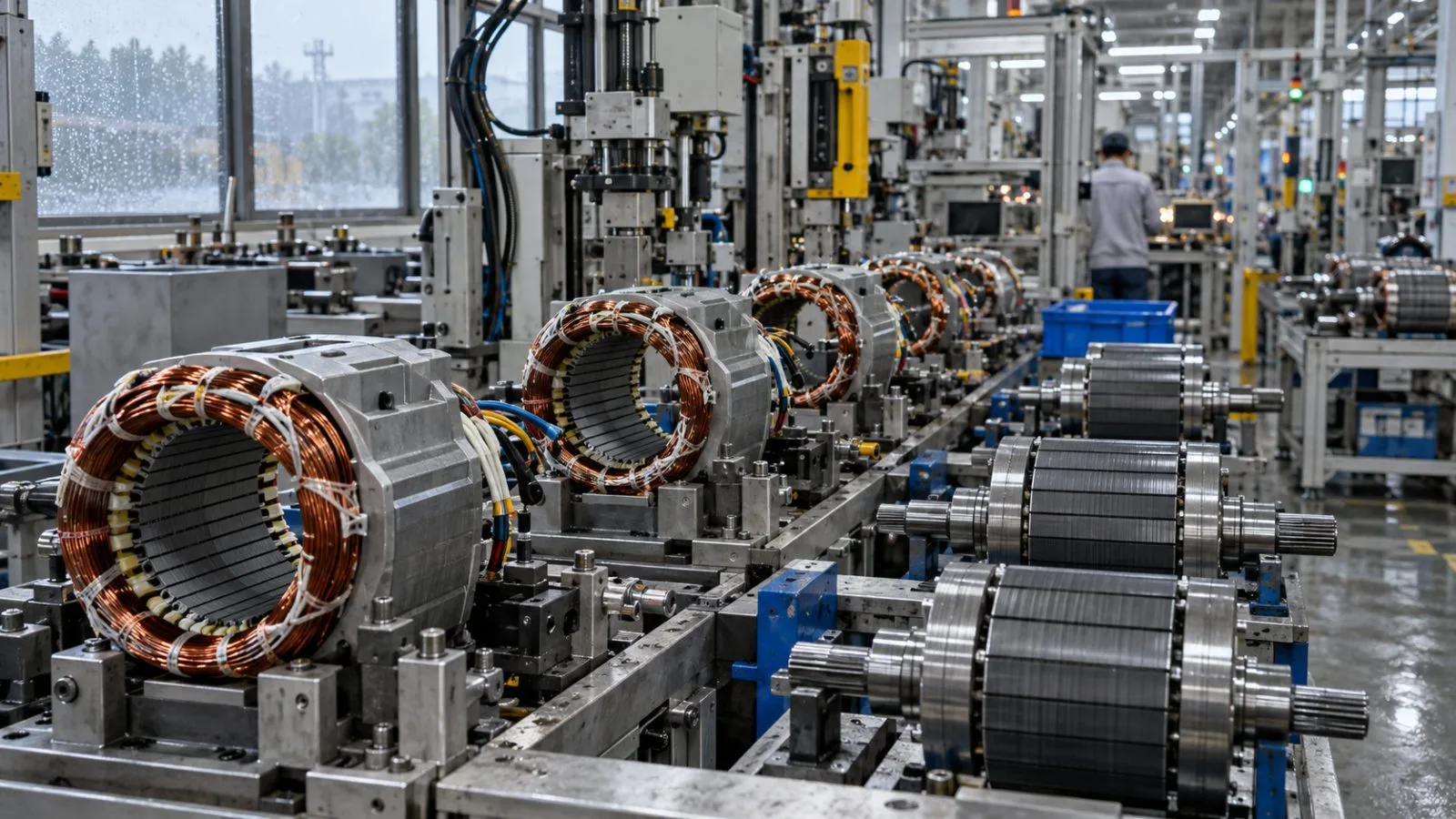 Motor stator assemblies sit on a production line inside an automotive plant in China (AI-generated image / EconoTimes)