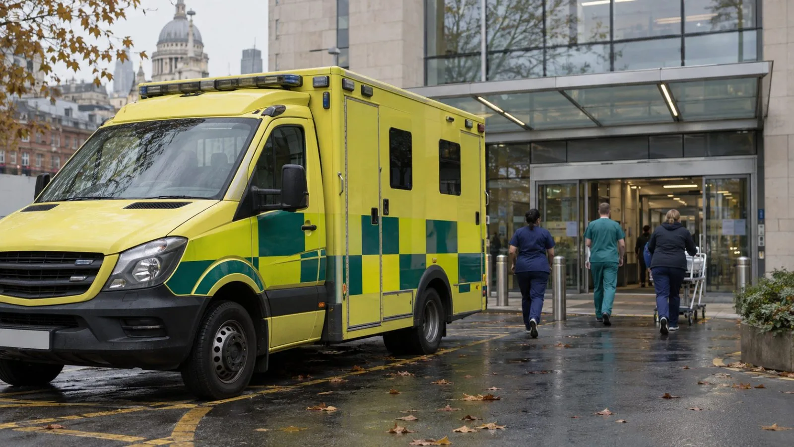 An ambulance waits outside a hospital entrance in London, England. (AI-generated image / EconoTimes)