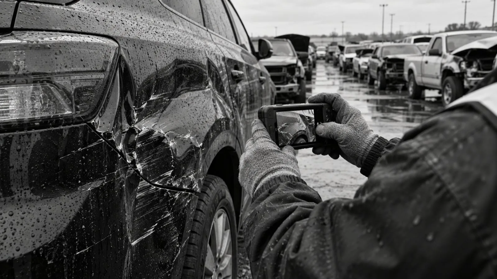 Rows of damaged vehicles await auction at a salvage yard in Grand Prairie, Texas. / EconoTimes.ai (mono)