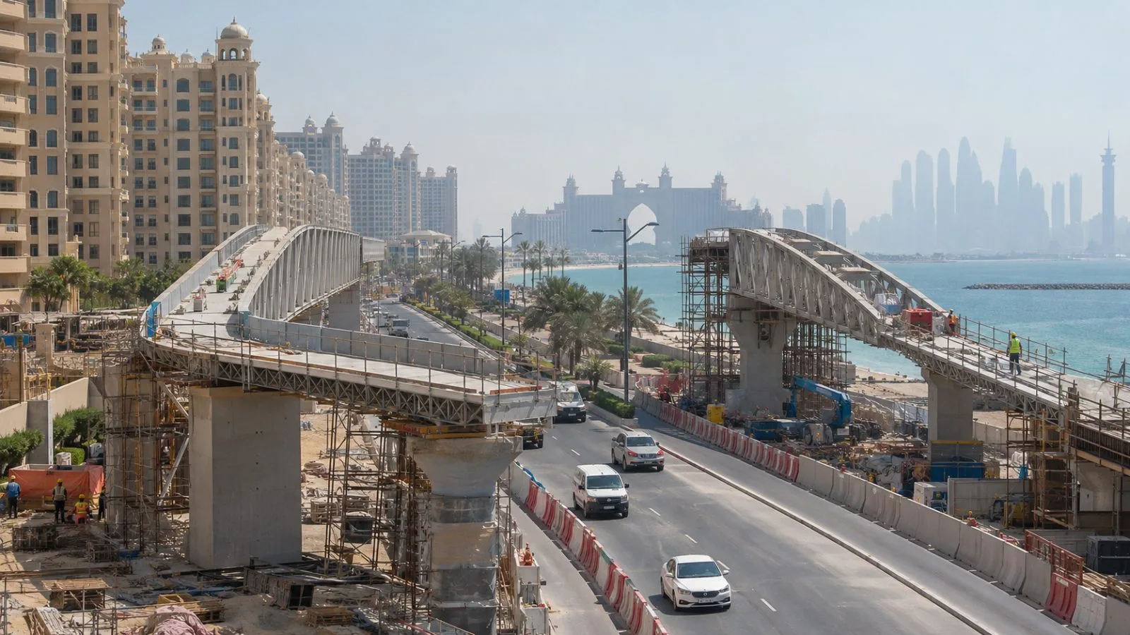 Pedestrian bridge construction continues beside the Shoreline buildings on Palm Jumeirah, Dubai. (AI-generated image / EconoTimes)
