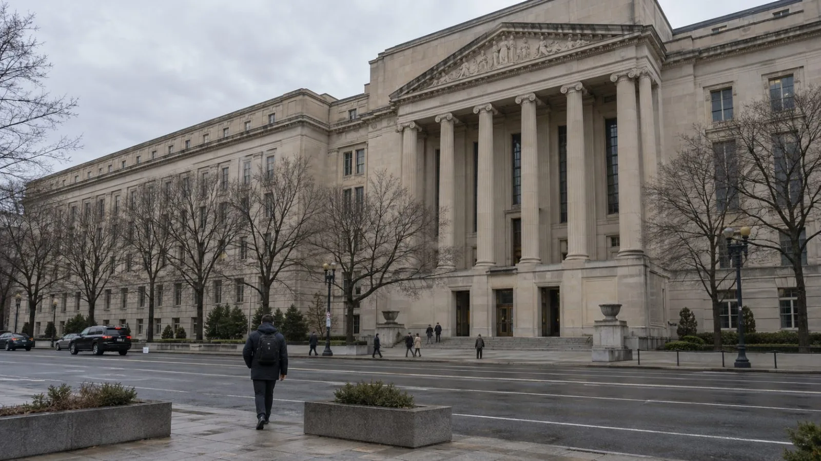 A visitor approaches the Justice Department headquarters in Washington, D.C. (AI-generated image / EconoTimes)