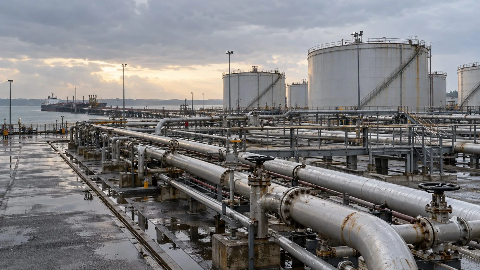 A pipeline manifold and storage tanks stand at the Kenya Pipeline terminal in Mombasa, Kenya. (AI-generated image / EconoTimes)