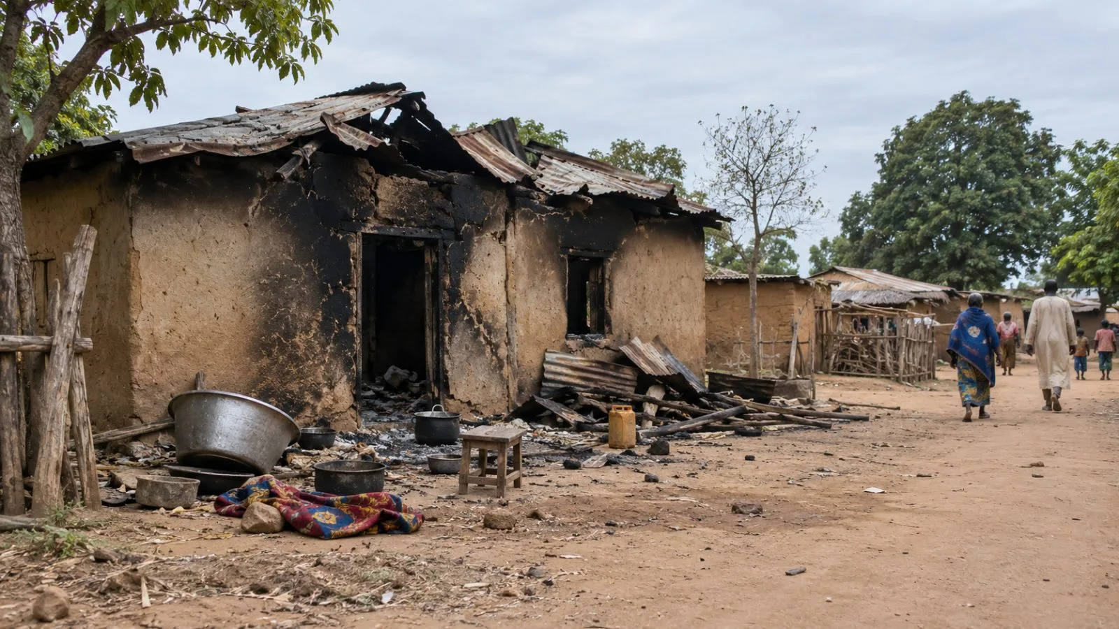 A fire-damaged home stands beside a dirt lane in Binnari village, Nigeria (AI-generated image / EconoTimes)