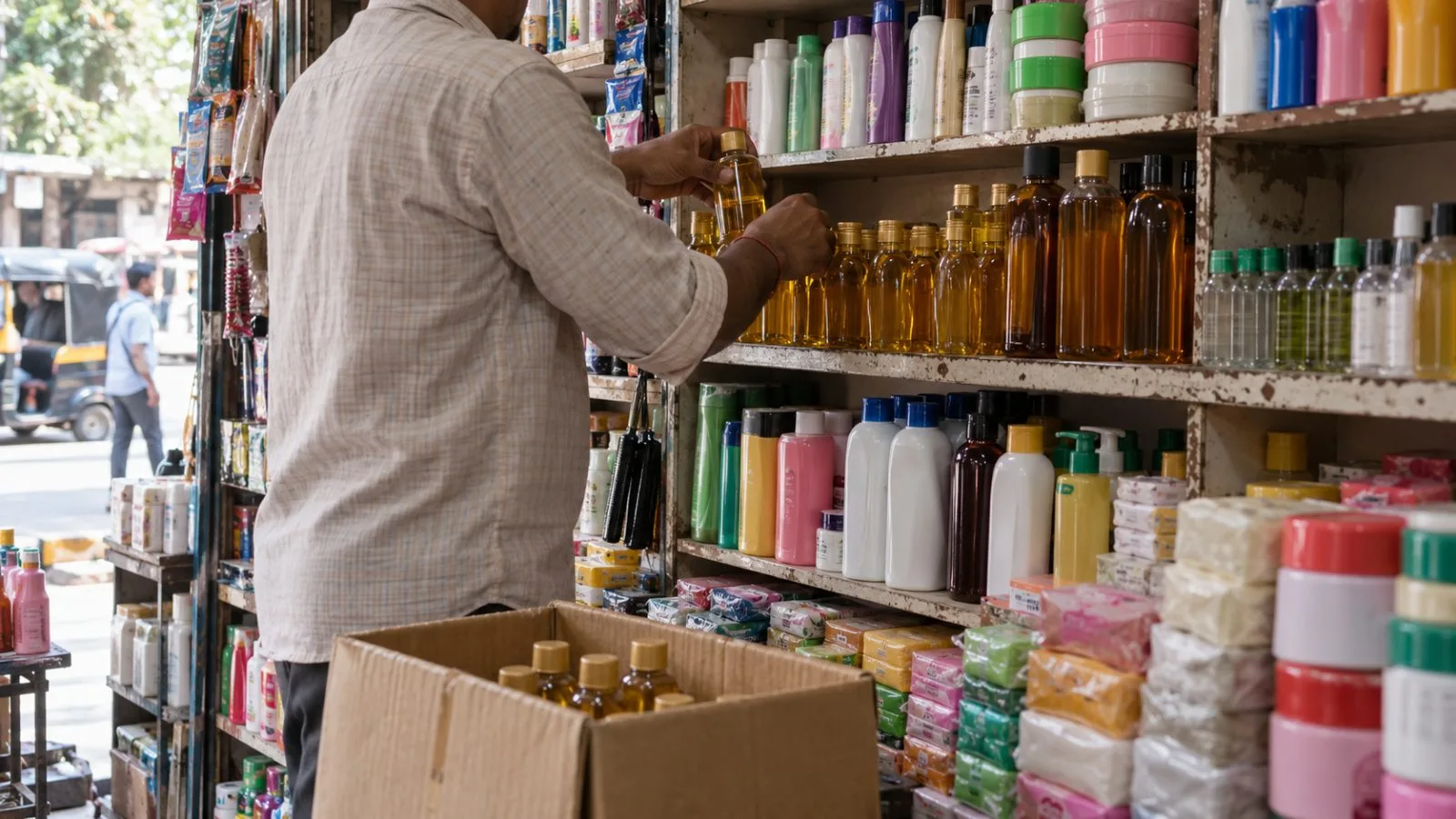 Small hair-oil bottles fill a neighborhood shop shelf in Mumbai, India. (AI-generated image / EconoTimes)