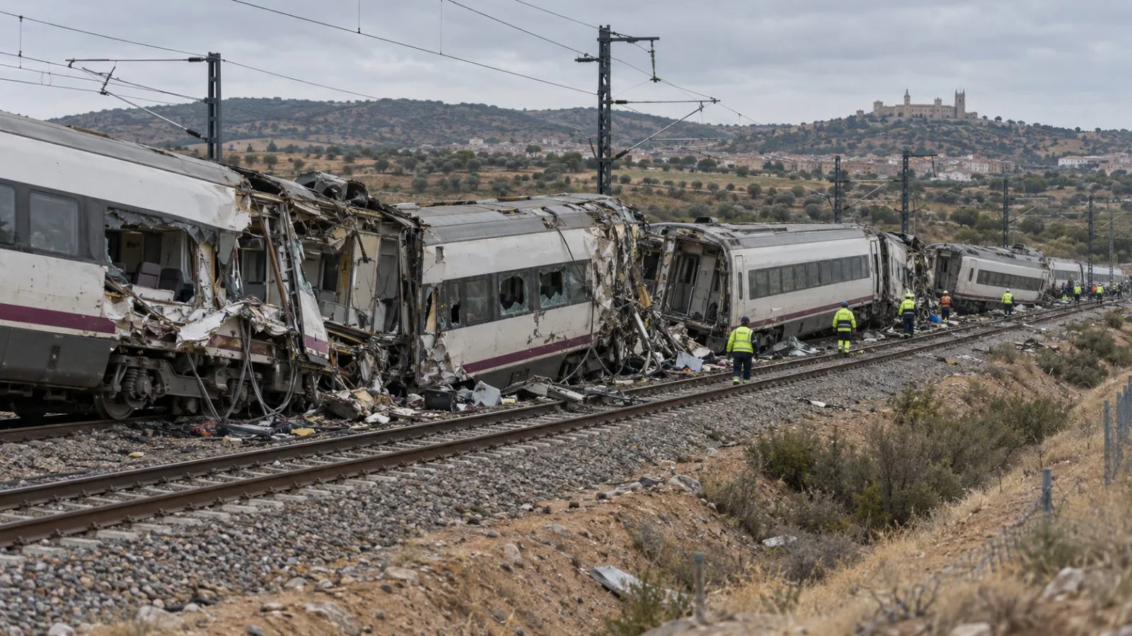 Responders inspect damaged passenger trains at the crash site in Toledo province, Spain. (AI-generated image / EconoTimes)