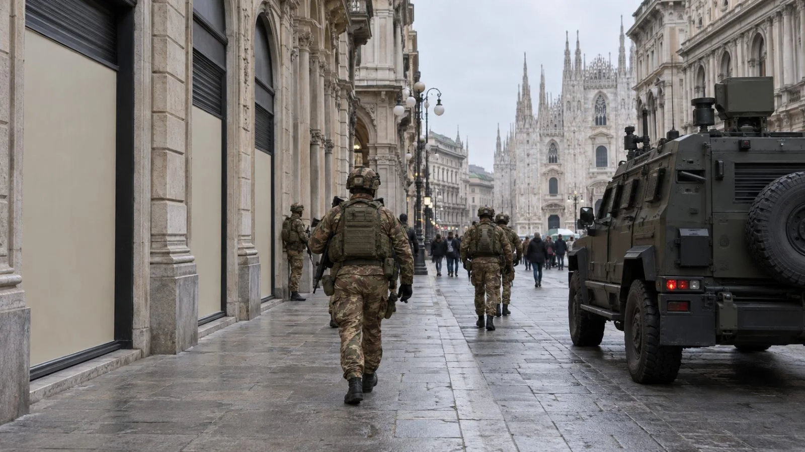 Italian soldiers patrol Milan’s historic center beside a protected vehicle and covered shop windows. (AI-generated image / EconoTimes)