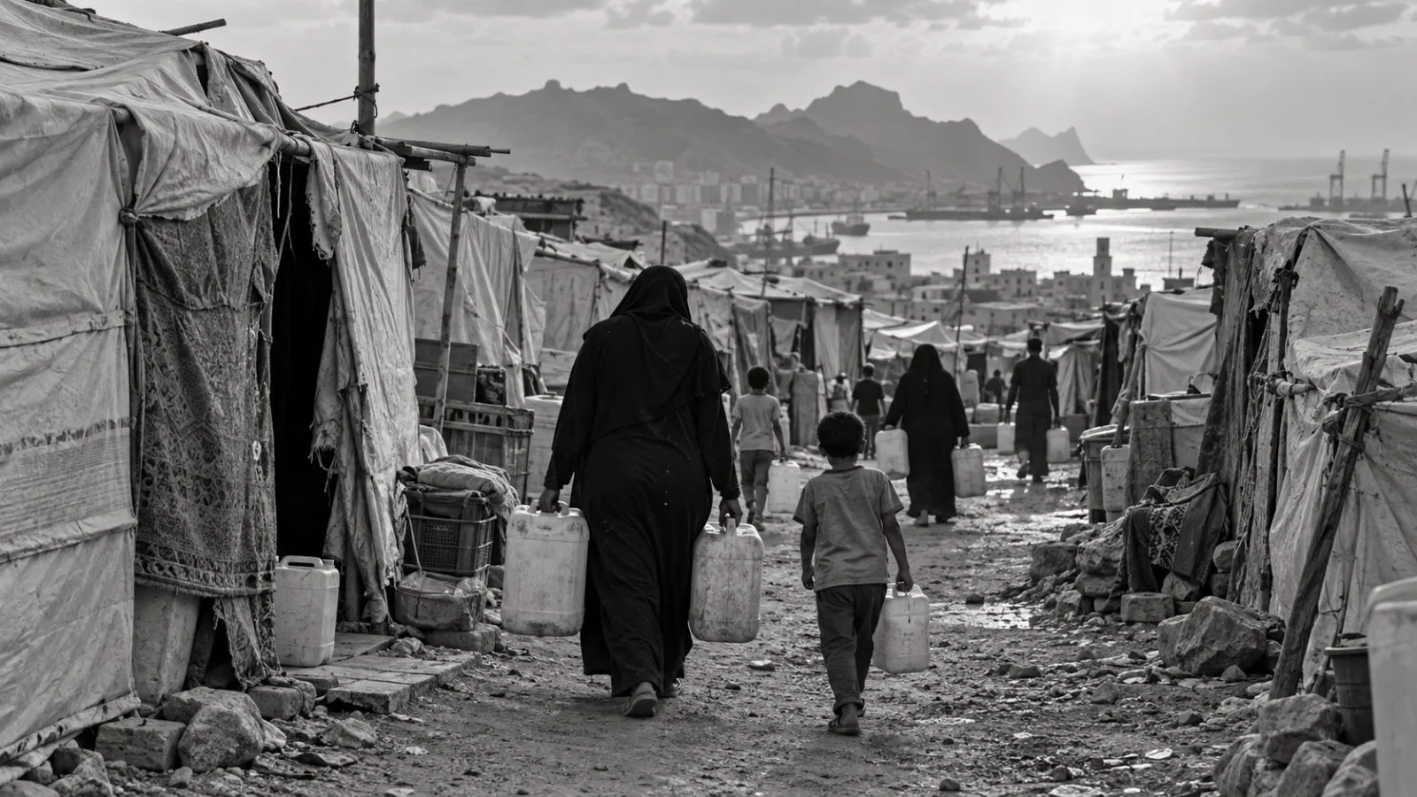 Families carry water containers through a crowded displacement site in Aden, Yemen. (AI-generated image / EconoTimes)